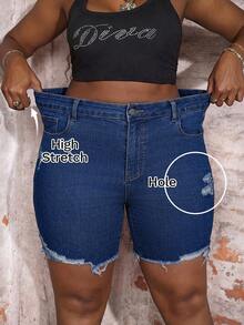 Slaydiva Women Plus Size Distressed Navy Blue Denim Shorts,Summer Casual High Waisted Frayed Hem Jean Shorts,Slim Fit Dark Wash Biker Style Bermuda Jorts - Blue - View 1