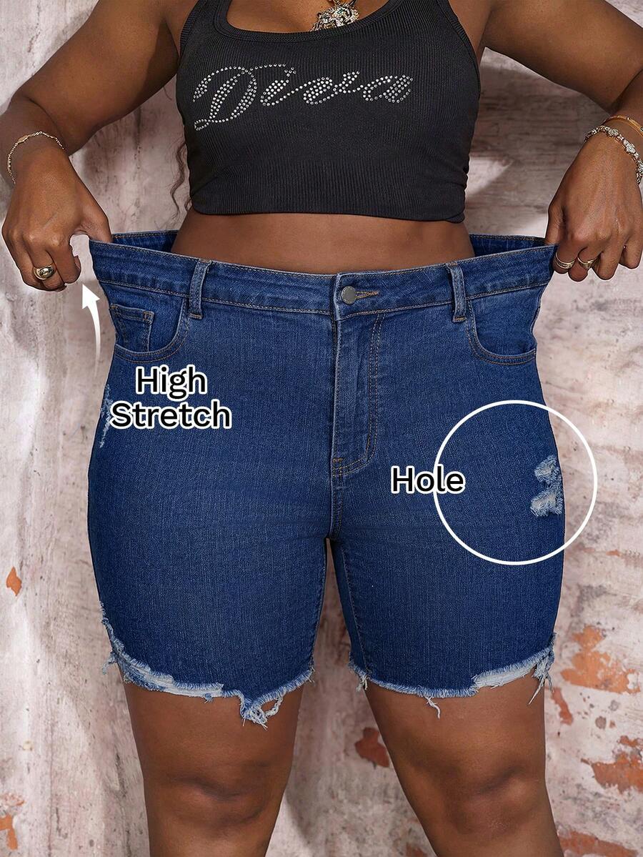 Slaydiva Women Plus Size Distressed Navy Blue Denim Shorts,Summer Casual High Waisted Frayed Hem Jean Shorts,Slim Fit Dark Wash Biker Style Bermuda Jorts - Blue - View 1