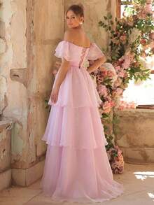 Glamrae Đầm dạ hội sang trọng, thanh lịch màu hồng phối satin và organza, thêu hoa 3D thủ công, tay trễ vai, dáng rộng với vạt dài, thích hợp cho nữ. - Màu Hồng baby - Xem 7