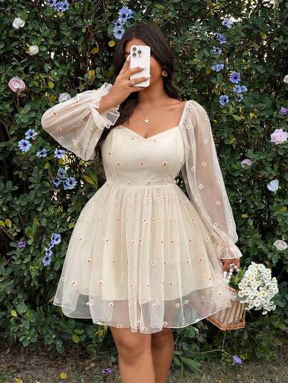 Sunnyshic Đầm midi dáng chữ A xếp ly, cổ vuông, chất liệu lưới, cỡ lớn, kiểu dáng lãng mạn, chất liệu lưới, họa tiết hoa cúc.