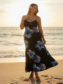 Auralis Sommerurlaub Spaghetti-Träger Bodycon sexy blaue Hibiskus Blume Muster Zufallsdruck Damen Große Größen Kleid, geeignet für Sommer, Urlaub, Strand, Musikfestival/Valentinstag/eleganter Nachmittagstee/Date - Verschiedenfarbig - Übersicht 2