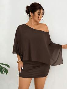 Lounesse Plus Size Women's Fashionable Solid Color Off-Shoulder Mini Dress One Sleeve Dress Batwing Dress - Brown - View 4