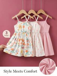 SHEIN Baby Girl Floral Print Casual Strap Dress - Multicolor - View 1