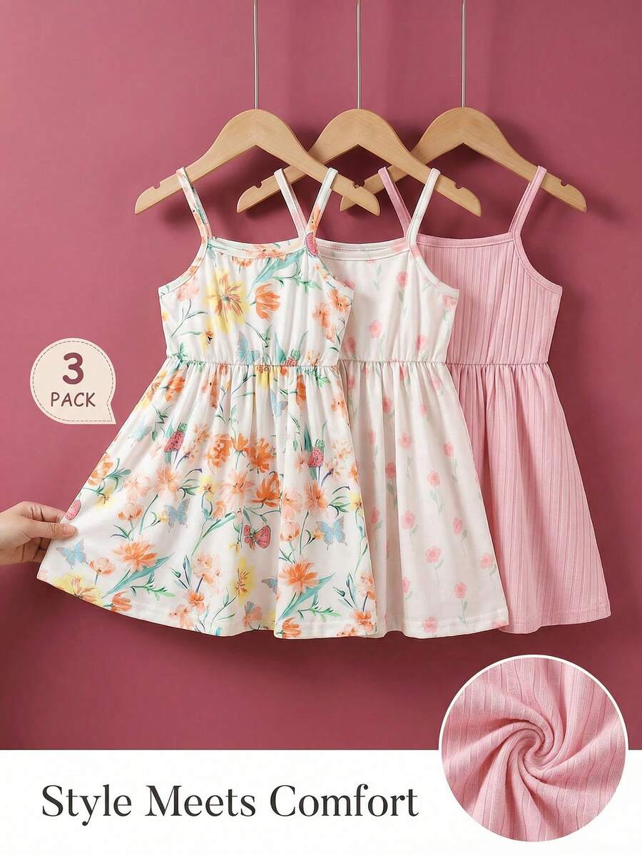 SHEIN Baby Girl Floral Print Casual Strap Dress - Multicolor - View 1