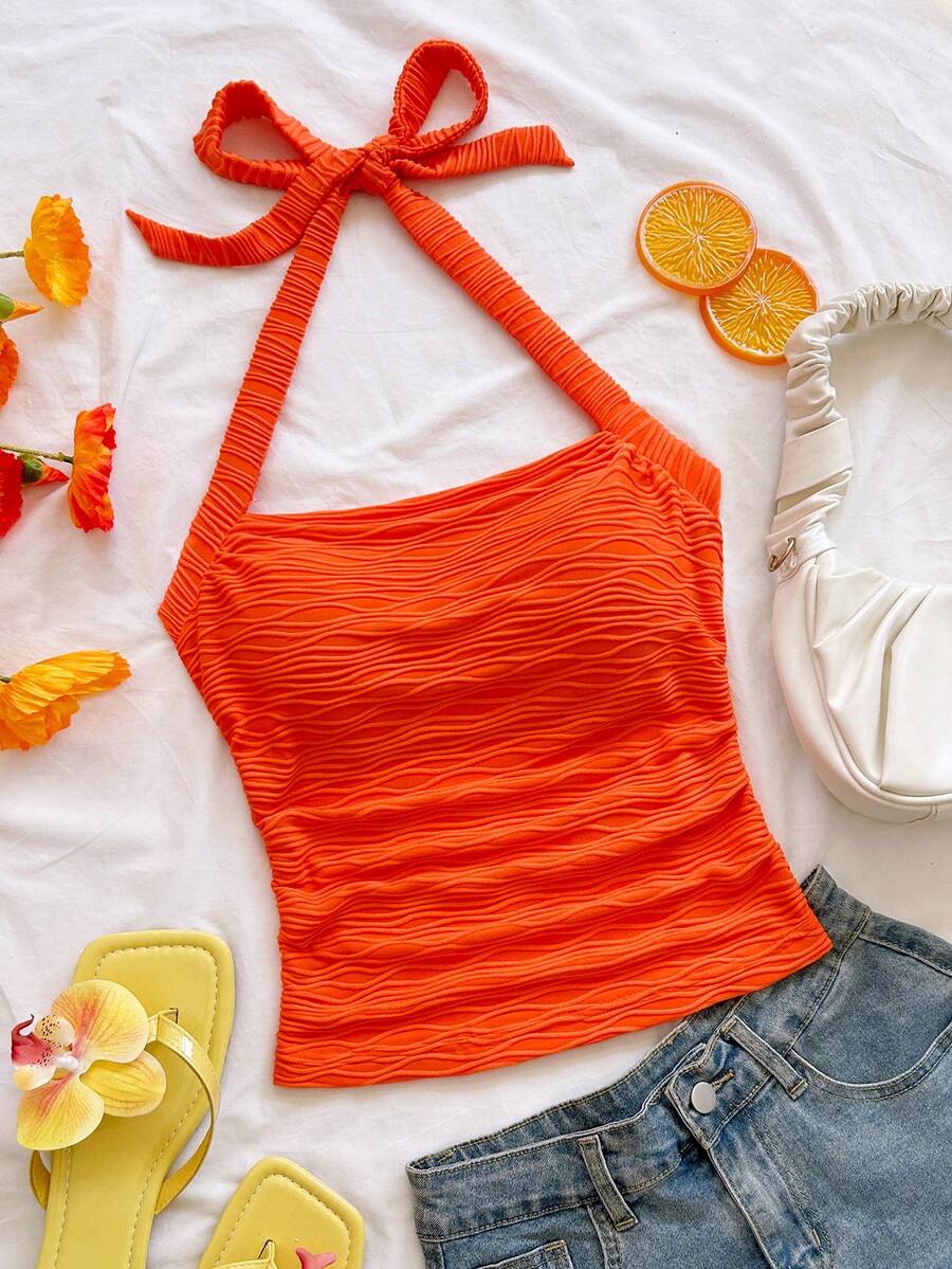 Soleia Women's Vacation Halter White Knit Textured Fitted Camisole - Orange - View 1