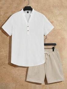 HIMLAND Loose-Fit Men's Cotton Half-Button Shirt And Drawstring Waist Shorts Set - Multicolor - View 2