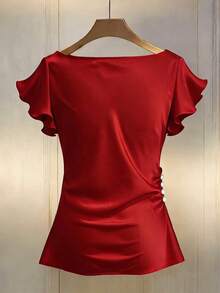 GlowEve CURVE Blusa de satén rojo de diseño único con volantes, para mujer, primavera/verano - Rojo - Ver 2