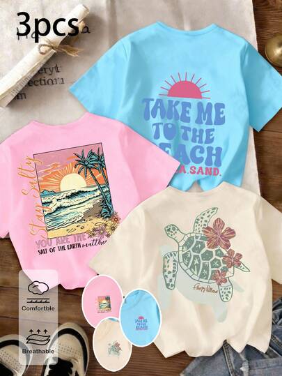Set de 3 camisetas básicas de manga corta con estampado gráfico de paisaje de playa hawaiana al atardecer, de estilo casual y minimalista, en blanco/rosa/morado, cómodas para uso diario, adecuadas para primavera, verano y otoño