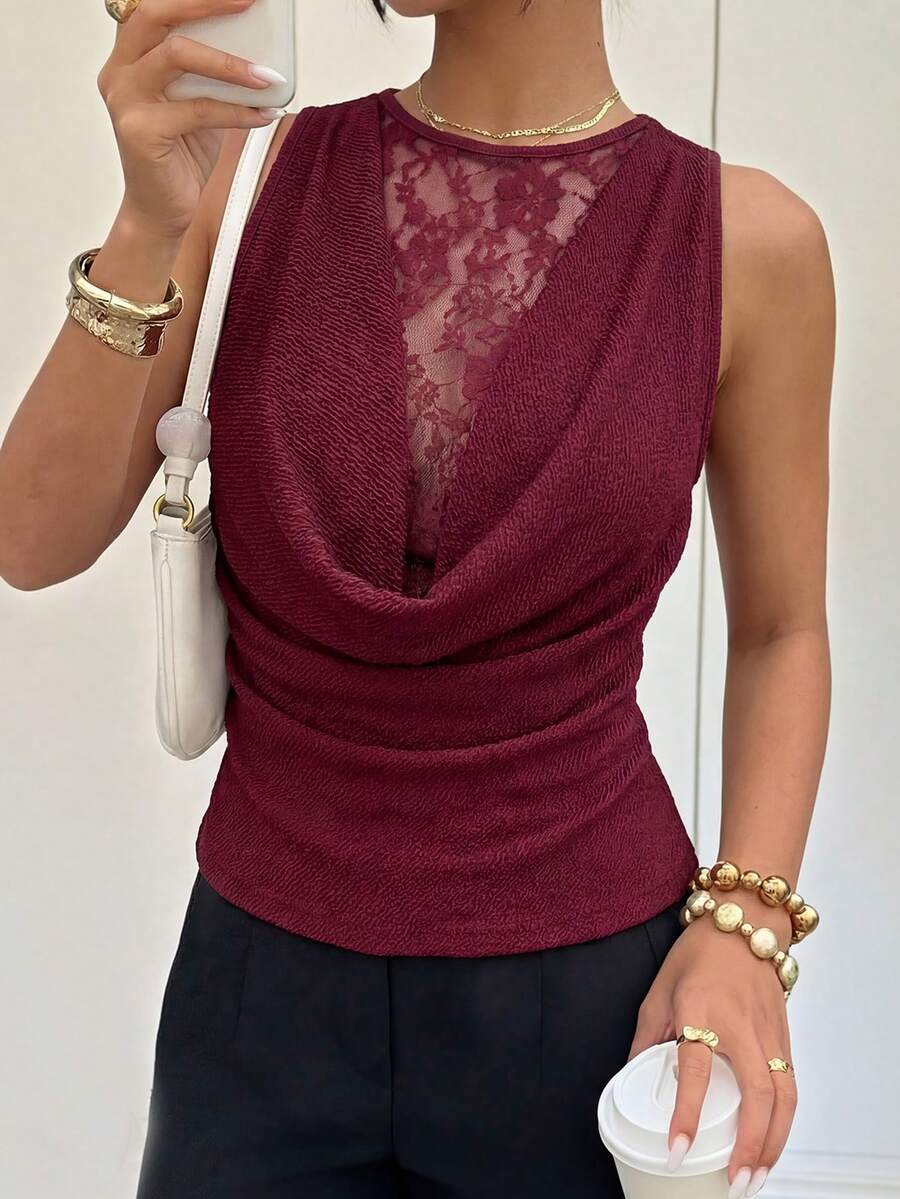 Modelyn Blusa elegante y romántica de mujer con textura de encaje de parchwork, sin mangas, con recogido en la cintura y línea A, en color rojo vino, para primavera/verano - Burdeos - Ver 1