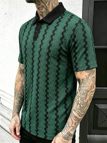 Manfinity CasualCool 男士撞色 Polo 衫，复古几何提花休闲上衣 - 綠色 - 查看 3