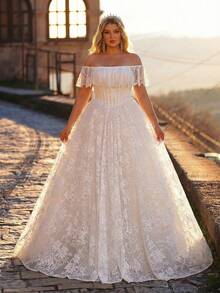 Glamrae Plus Size Elegant White Spring Wedding Dress Lace Off Shoulder Ruffle Sleeve Basque Waist Puff Bridal Gown For Women Weddings And Events Wedding - White - View 4