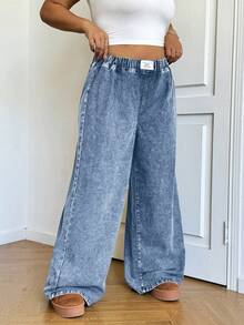 SHEIN ICON Jeans de pierna ancha, talla grande, sueltos y con cintura elástica, color negro - Lavado ligero - Ver 4