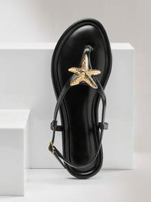 VACAZURE SeaGleam Women's Metallic Starfish Decor Pu Black T-Strap Sandals – Chic, Beachy & Comfortable. - Black - View 7