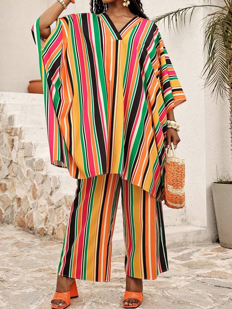 Plus Size Women Vacation Striped Batwing Sleeve Shirt And Pants Casual 2 Pieces Set