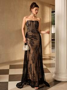 Coutiva Women's Elegant Ruched Lace Formal Evening Gown (Embellished) - Black - View 4