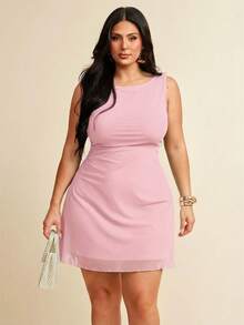 SHEIN BAE Plus Size Women Sleeveless Mesh Dress, Spring/Summer - Baby Pink - View 4