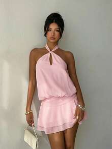 Aloruh New Arrival Women's Solid Color Halter Neck Tie Ruffle Hem Casual Dress, Suitable For Spring/Summer Holiday,Summer Dresses For Women - Baby Pink - View 4