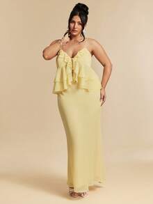 SHEIN BAE 大码女式黄色荷叶边吊带背心和长裙两件套，优雅性感沙滩度假装，大码两件套，沙滩度假套装 - 黃色 - 查看 4