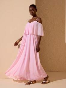 JIAN LASALA Chiffon Off-Shoulder Spaghetti Strap Backless Layered Bohemian Style Maxi Dress - Pink - View 4