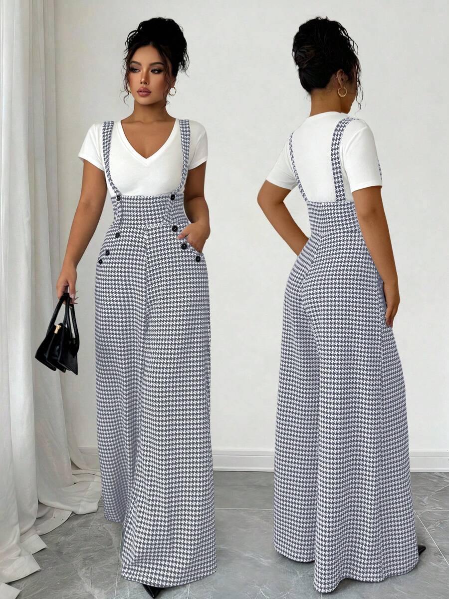 SHEIN Elenzya Women's Houndstooth Strap Straight Leg Jumpsuit - Dark Grey - View 1