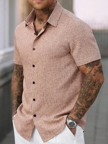 Manfinity Homme Áo sơ mi ngắn tay kẻ sọc bằng vải lanh Manfinity CasualCool dành cho nam, thích hợp mặc đi làm hàng ngày vào mùa hè. - Hồng - Xem 5