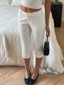 SHEIN EZwear 女款黑白波點印花斜口袋休閒修身七分褲 70s 90s 風格 日常度假邁阿密夏季穿搭 - 白色 - 查看 2