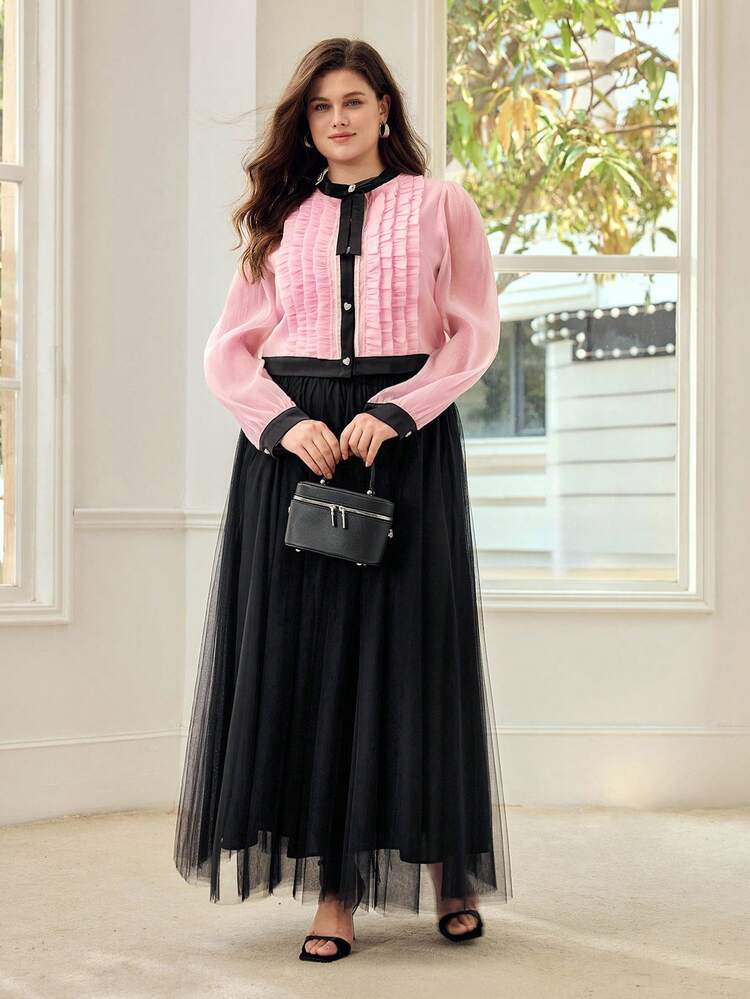 PLUS SIZE CONTRAST BINDING FILL DETAIL BLOUSE