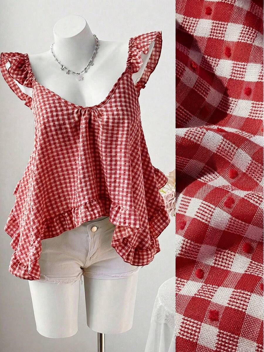 Sweetra Summer New Arrival Pink Plaid Asymmetrical Ruffle Design Fashionable Sleeveless Camisole - Red - View 1