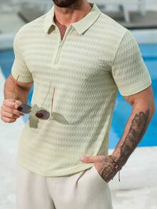 VENTUSAIL Men's Short Sleeve Textured Fabric Zip Collar Polo Shirt, Suitable For Outings, Gatherings, And Vacations, Holiday - Green - View 5