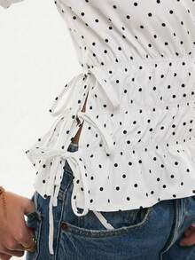 Poéselle Polka Dot Print Round Neck Short Sleeve Cinched Waist Top,Summer Top - White - View 3