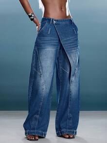 Denimoi Women's Button Waist Design Pocket Wide Leg Casual Jeans - Blue - View 2