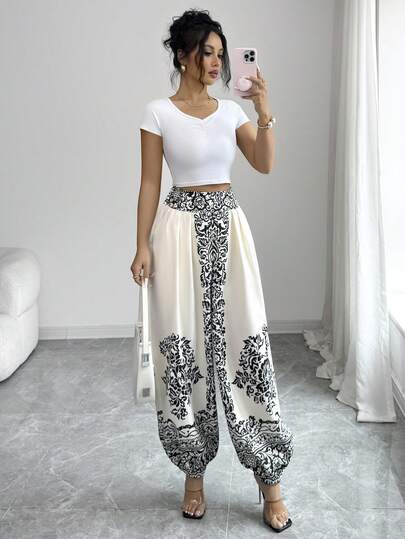 Elenzga Elegant Printed Pattern Loose Fit Drawstring Waist Women Pants