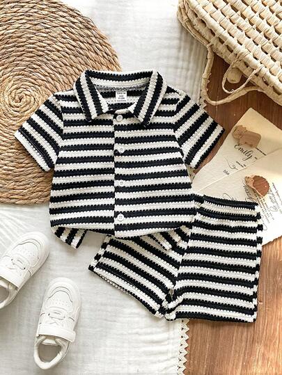 Vintaside Kids Bộ áo sơ mi ngắn tay có cổ kẻ sọc và quần short kẻ sọc cùng màu cho bé trai mùa hè, trang phục thường ngày đa năng phù hợp cho hoạt động ngoài trời, đi chơi, du lịch và nghỉ mát.