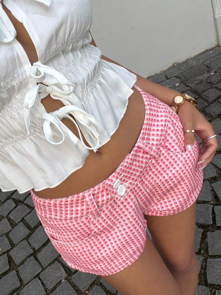 SHEIN SunnyBelle Fashionable Casual Low-Waist Pink Plaid Washed Denim Shorts - Multicolor - View 1