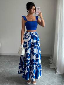 SHEIN PETITE Women's Summer Vacation Beach Outfit, Sleeveless Top With Leaf Print And Skirt 2 Pieces Set - Blue - View 8