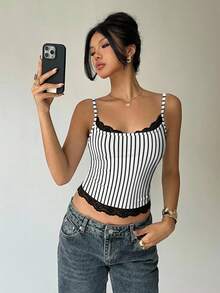 Aloruh Y2K 女款蕾絲拼接細肩帶背心，黑白條紋，夏季性感時尚，適合夜店、休閒復古優雅百搭印花上衣，派對穿搭 - 白色 - 查看 7
