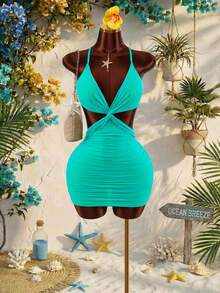 Amplova 女士度假纯色扭结设计露腰性感吊带迷你连衣裙 - 藍色 - 查看 6