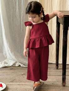 LMoss Kids LMoss 2pcs Baby Girl Woven Solid Color Square Collar Ruffle Bow Sleeveless Top And Pants Set Summer Outfit Sets Toddler Clothes - Red - View 6