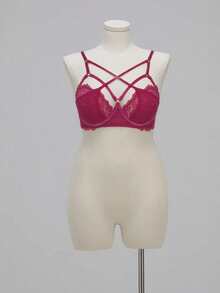 SHEIN 1pc Lace & Mesh Patchwork Underwire Bra For Women - Hot Pink - View 6