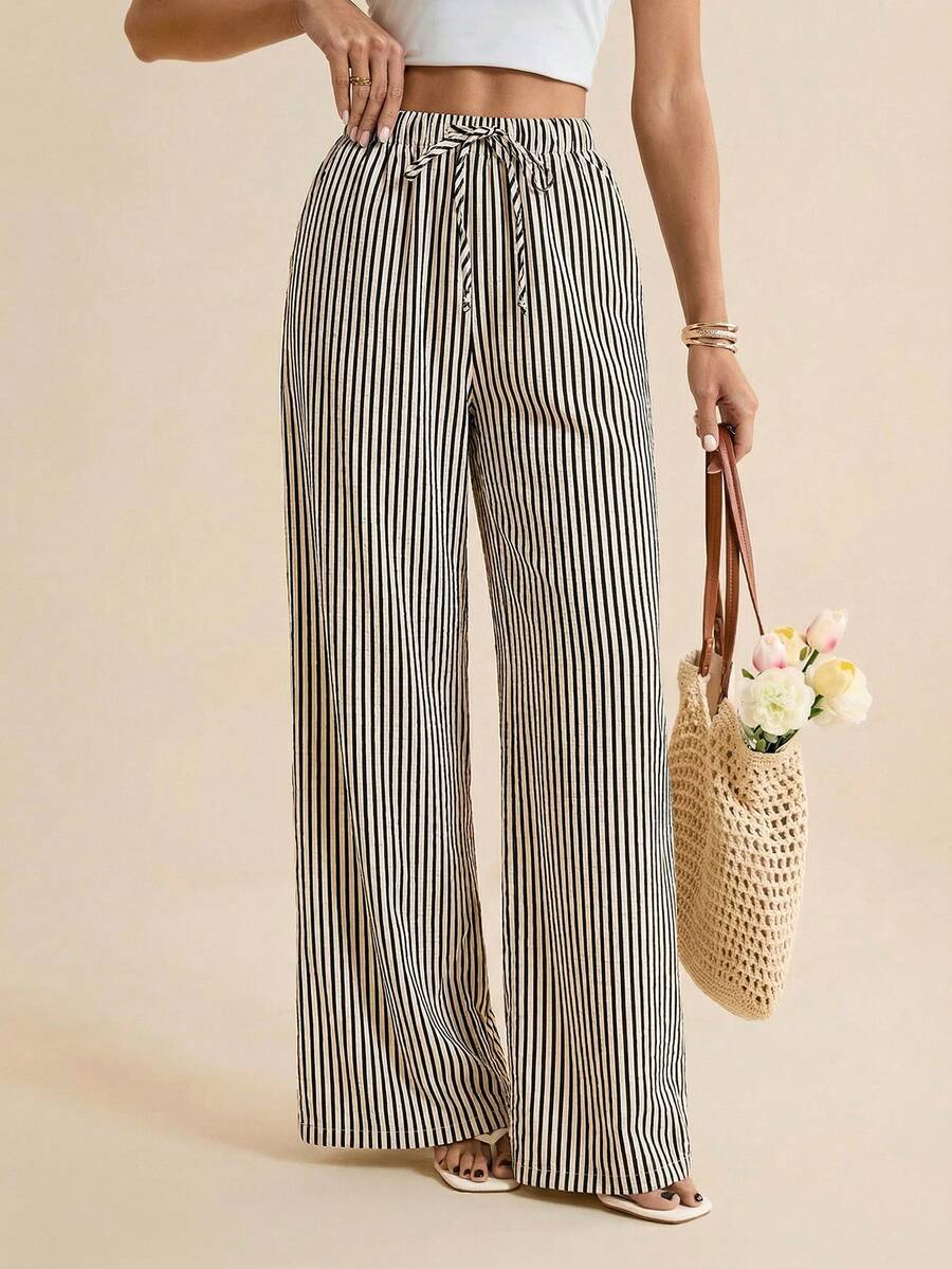 SHEIN Tall Quần ống rộng nữ kẻ sọc, cạp chun, kiểu dáng thường ngày, đa năng. - màu đen - Xem 1