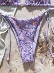 Costavie Swim Mod-D 两件套彩色亮片特殊面料三角杯文胸和侧系带泳裤性感比基尼套装，春夏款 - 淡紫色 - 查看 5