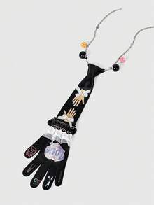 ROMWE Anime 1Pc Black Y2k Millennial Babes Retro Punk Style Palm Shape Bow Lace Sieve Embroidery Pattern Design Chain Tie, Fashionable Simple Neutral Tie, Suitable For Daily, Dating, Travel, Shopping And Other Matching Items - Black - View 2