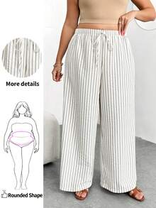 Enliva Pantalon ample et décontracté à rayures et jambes larges pour femmes en surpoids, pour les formes en pomme et arrondies - Nude - Voir 1