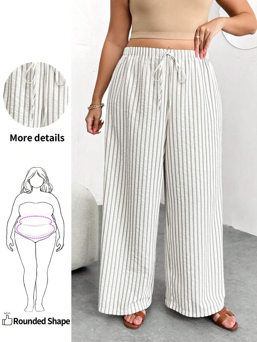 Enliva Pantalon ample et décontracté à rayures et jambes larges pour femmes en surpoids, pour les formes en pomme et arrondies - Nude - Voir 1