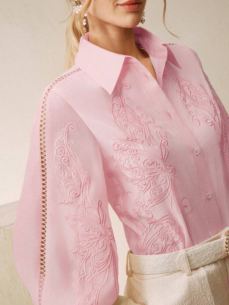 Spring/Summer New Hollow Lace Patchwork Embroidered Butterfly Polo Collar Long Sleeve Sheer Lightweight Women Blouse