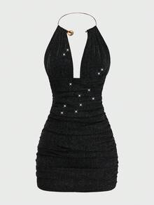 Franclia Vestido de coquetel elegante feminino preto liso, modelo 2026, com decote em V sexy e alças no pescoço, adornado com argola metálica. Ideal para festas noturnas, coquetéis, bares e para usar no dia a dia. - Preto - Ver 4