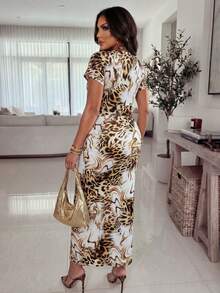 Xyvia 女士时尚印花深V领收腰荷叶边下摆浪漫优雅休闲通勤约会派对晚宴连衣裙，春夏款 - 彩色 - 查看 2