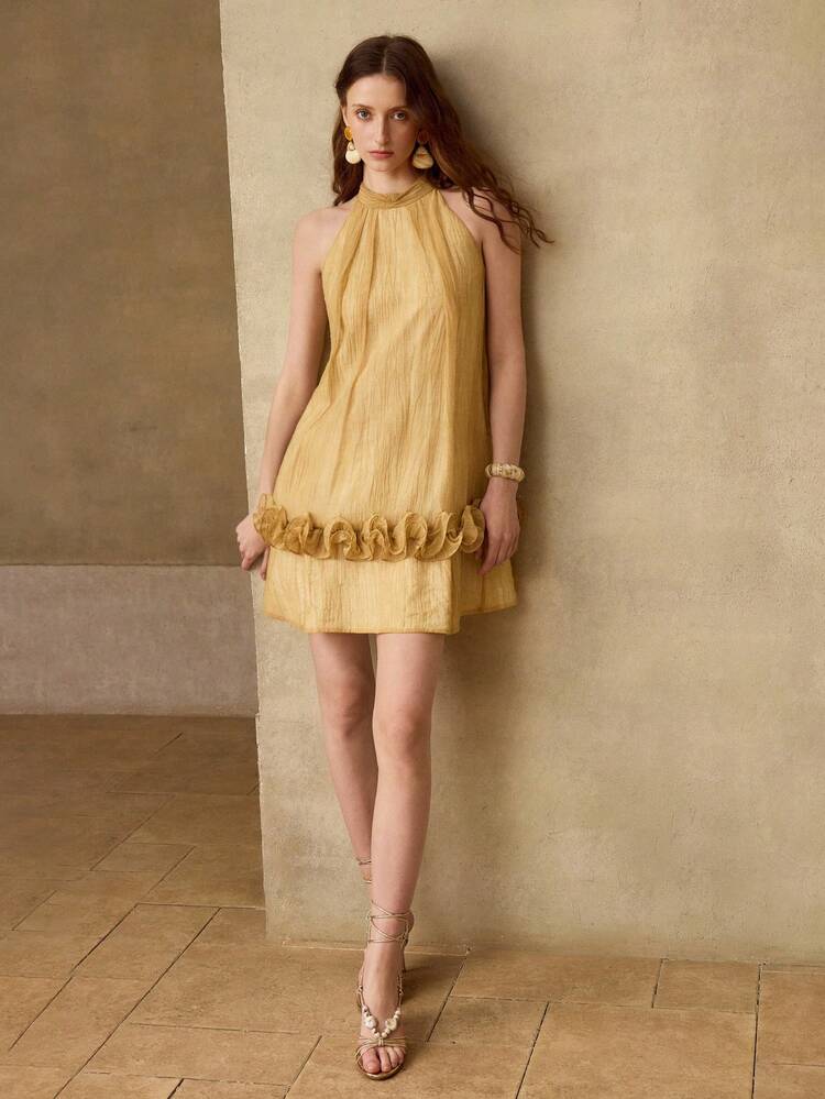 ELEGANT RUFFLE TRIM HALTER NECK SLEEVELESS REVEALING SHORT DRESS