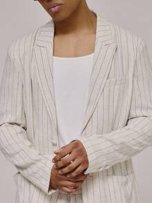 Musero 非结构化宽松细条纹单排扣双侧口袋西装外套，剪裁合身，适合春夏度假穿着。 - 杏色 - 查看 2