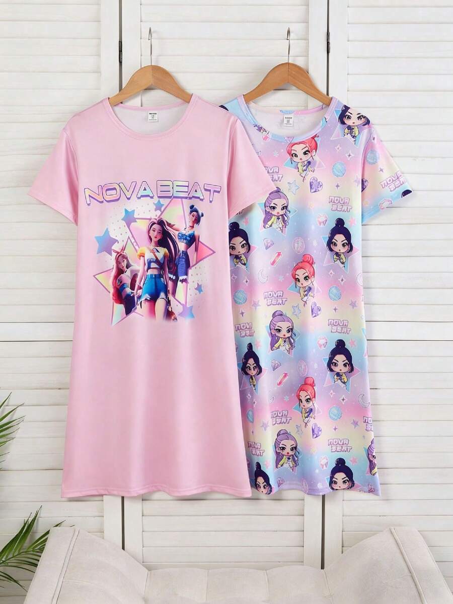 2件組青少年女孩睡衣套裝,粉色夏季可愛居家服睡袍,圓領短袖漸層舞團字母印花休閒服 - 粉色 - 查看 1